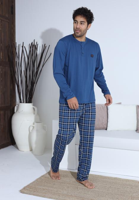 Pijama Barbati ,Maneca si Pantaloni Lungi,Culoare Albastru cu Alb ,Engros